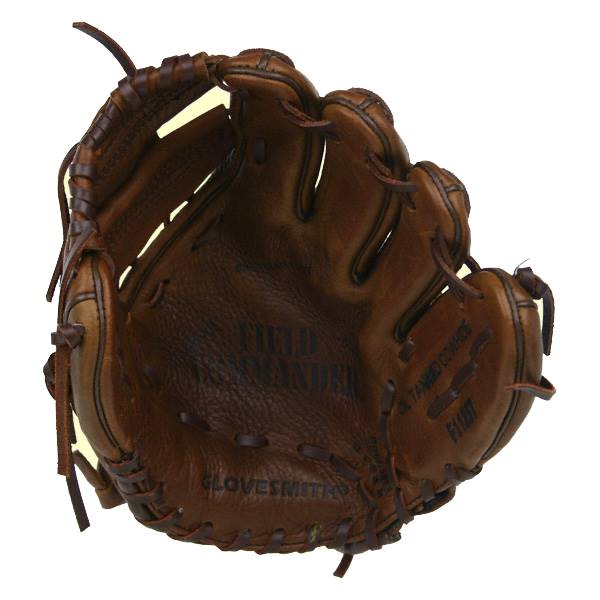 Top-down view of a brown leather baseball glove with FIELD COMMANDER and GLOVESMITHS embossed.