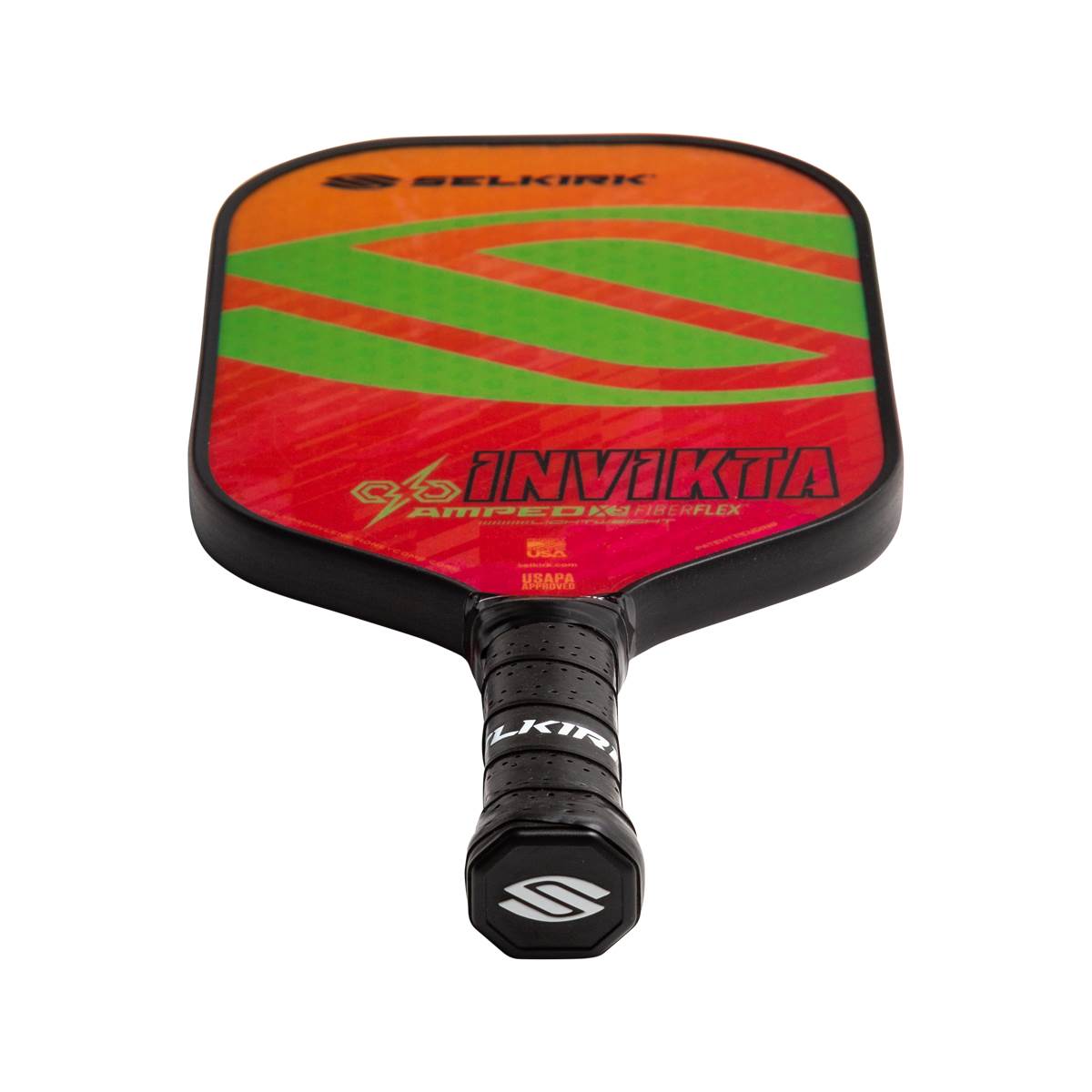 Top-down view of a red and orange pickleball paddle with green stripes, INV IKTA text, and a black grip.