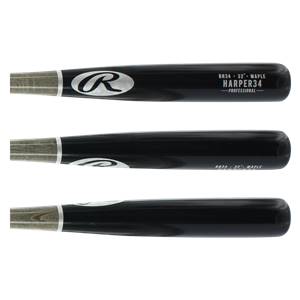 Top view of a black baseball bat with a white Rawlings R logo and HARPER34 PROFESSIONAL text.