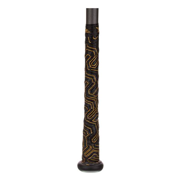 Close-up of a black baseball bat grip with gold geometric pattern and Easton branding.