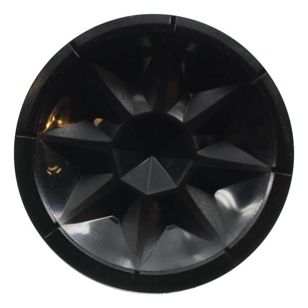 Top-down view of a black baseball bat end cap with a starburst pattern.
