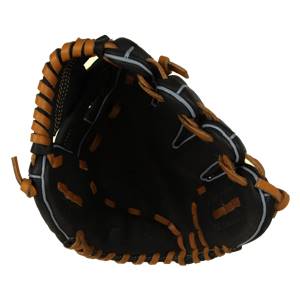 Top-down view of a black baseball glove with tan lacing and white trim.