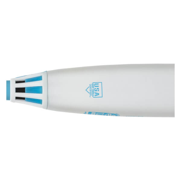 Close-up of a white fastpitch softball bat barrel with a blue USA Softball Certified logo and a blue slotted end cap.