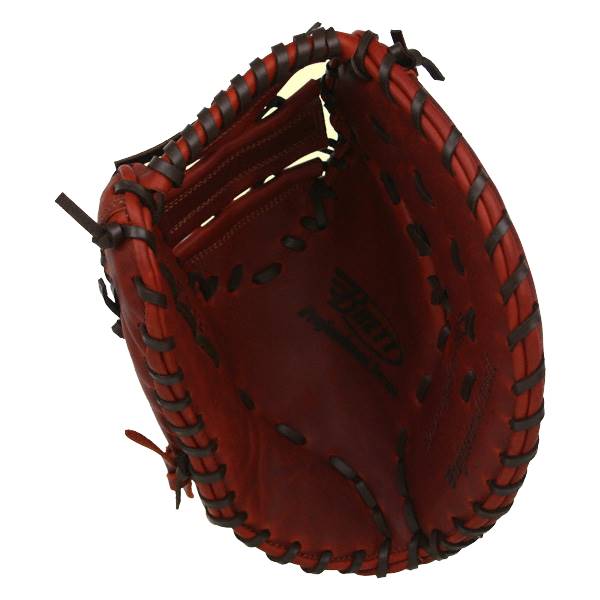 Top-down view of a red baseball mitt with dark brown lacing and a Brett logo.