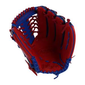 Inside view of a red baseball glove with blue lacing and Wilson branding.