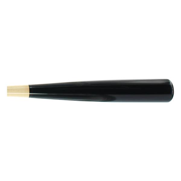 Side view of a black baseball bat with a natural wood knob.