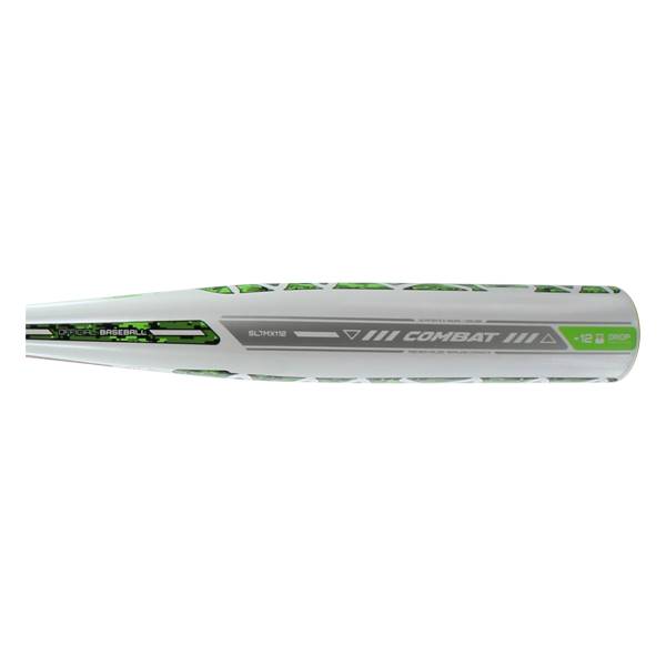 Side view of a white baseball bat with green accents, COMBAT text, and -12 DROP marking.