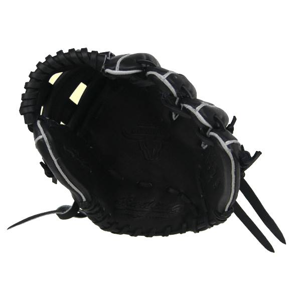 Inside view of a black baseball glove with white lacing and a bull logo.