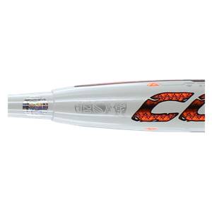 Side view of a white slow pitch softball bat with orange CA logo and 20 stamp.