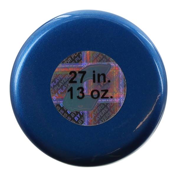 Top-down view of a blue baseball bat end cap with 27 in. 13 oz. and PLAYERS FOR PLAYERS text.