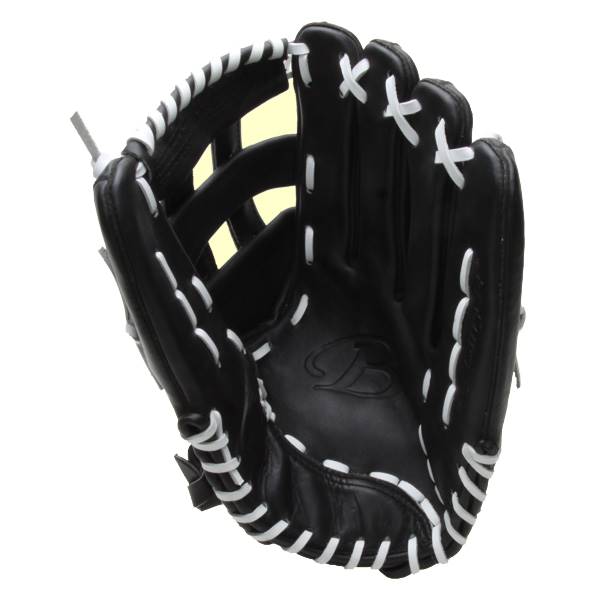 Top-down view of a black baseball glove with white lacing and a B logo.