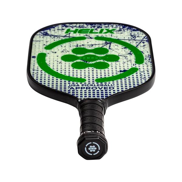 Top-down view of a white pickleball paddle with green HELIX logo and USA PICKLEBALL APPROVED text.