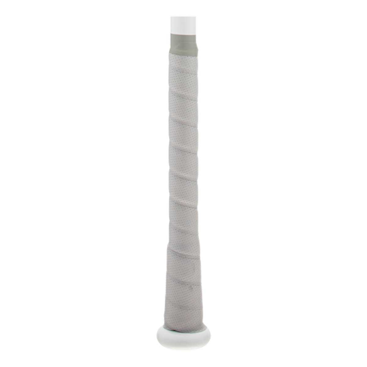 Side view of a gray baseball bat grip with a textured pattern and white end cap.