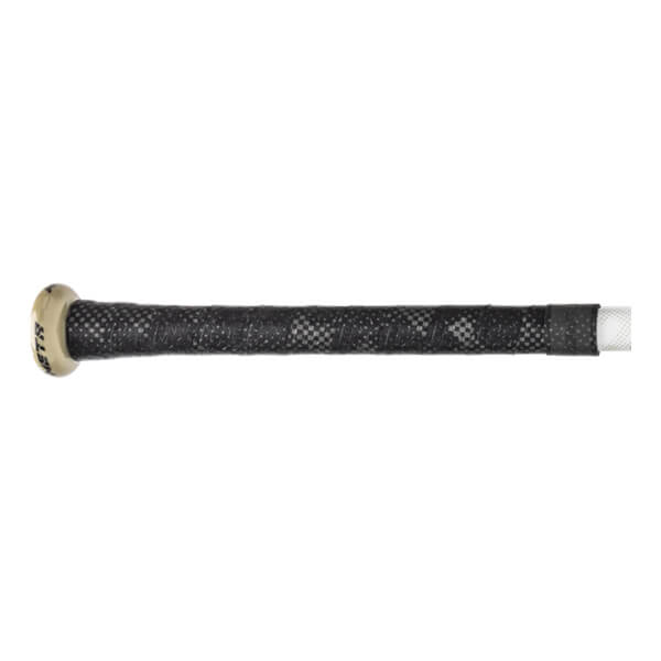 Side view of a gold baseball bat with a black checkered grip and white end cap.