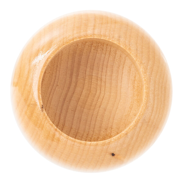 End view of a light brown baseball bat with a cupped end, smooth glossy finish, and visible wood grain.