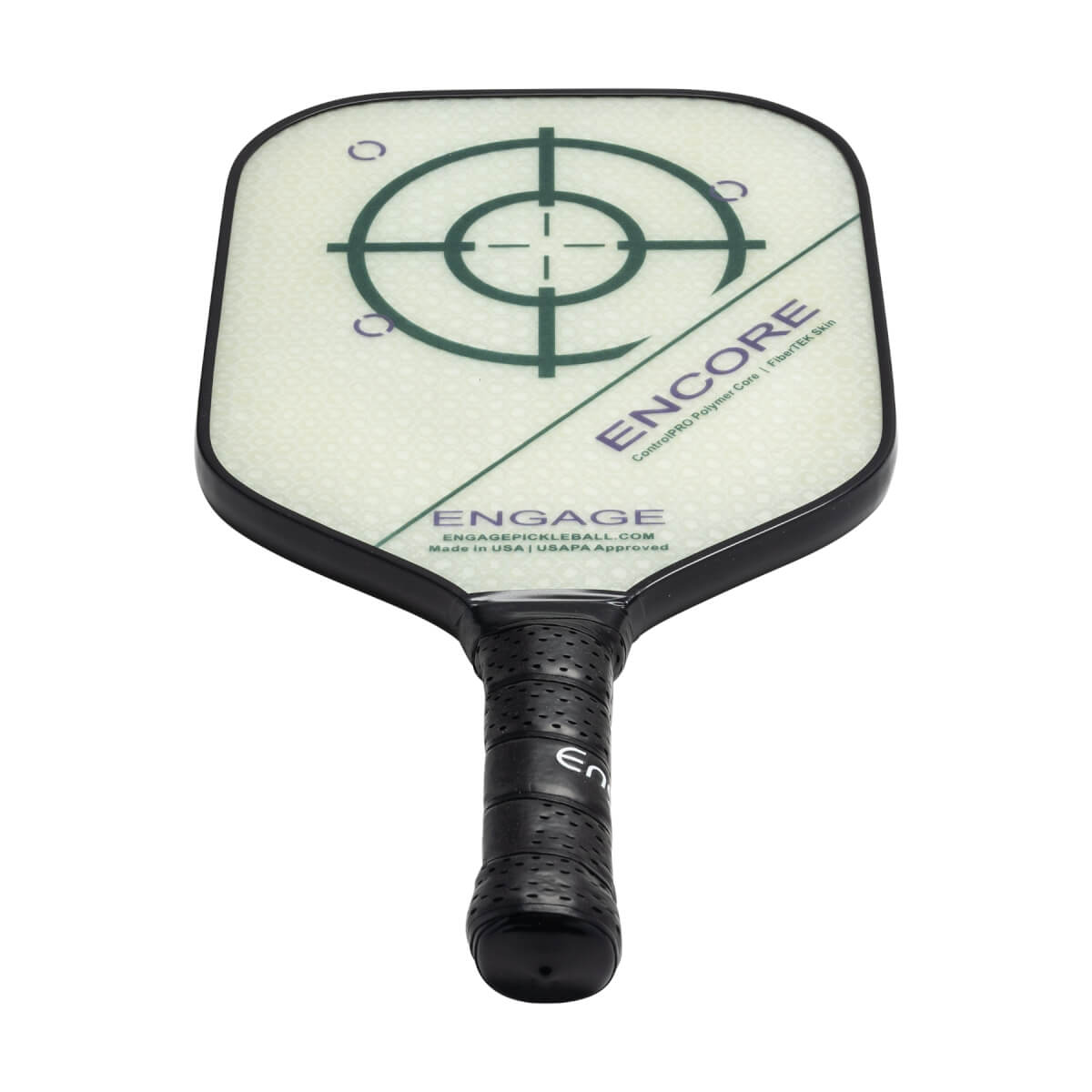 Top-down view of a white pickleball paddle with a target design, ENCORE text, and black grip.