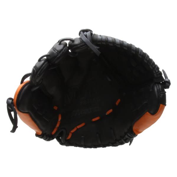 Top-down view of a black and orange baseball glove with orange stitching and a Mizuno logo.