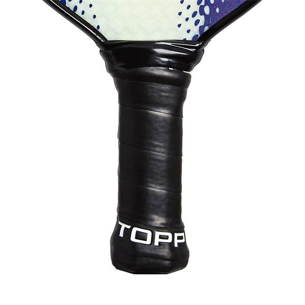 Close-up of a black pickleball paddle grip with white TOPP branding.