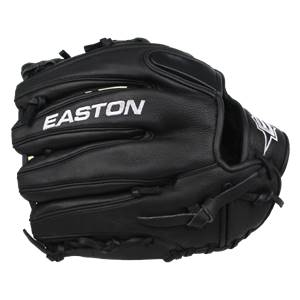 Front view of a black Easton baseball glove with white embroidered lettering and a star logo.