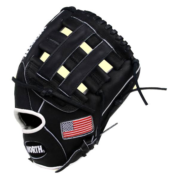 Front view of a black baseball glove with an American flag patch and WORTH logo.