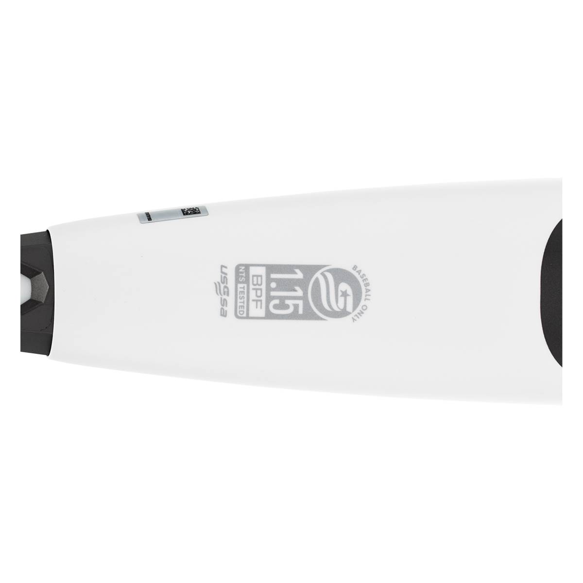 Side view of a white baseball bat with USSSA and 1.15 BPF markings.