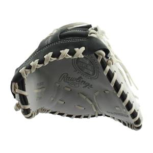 Corner view of a black and white Rawlings first base mitt with Rawlings and PRO SERIES logos.