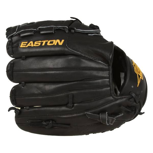 Front view of a black Easton glove with gold lettering and a star logo.