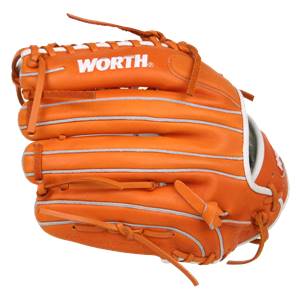 Front view of an orange baseball glove with white stitching and WORTH branding.