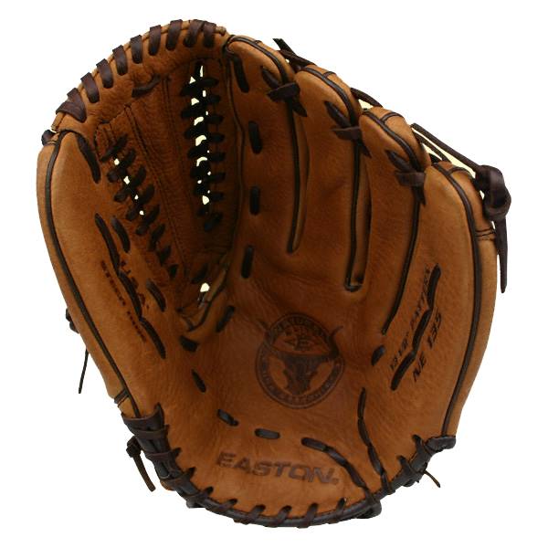 Top-down view of a brown baseball glove with EASTON branding and a bull logo.