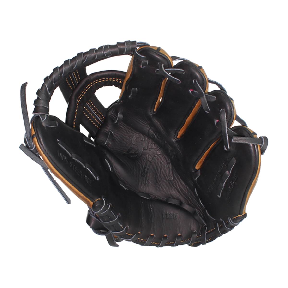Top-down view of a black baseball glove with tan lacing and 1125 embossed on the palm.