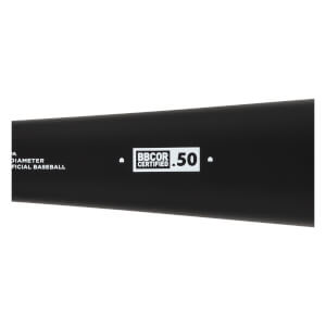Side view of a black baseball bat with BBCOR CERTIFIED .50 marking.