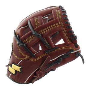Side view of a brown baseball glove with yellow stitching and black lacing.