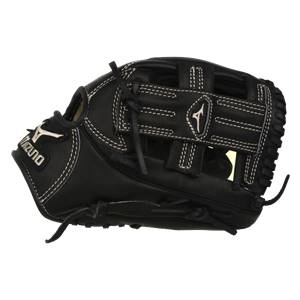 Side view of a black baseball glove with white stitching and a Mizuno logo.