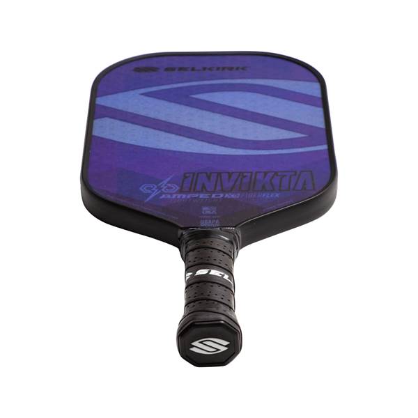 Top-down view of a purple pickleball paddle with INV IKTA text and a black grip.