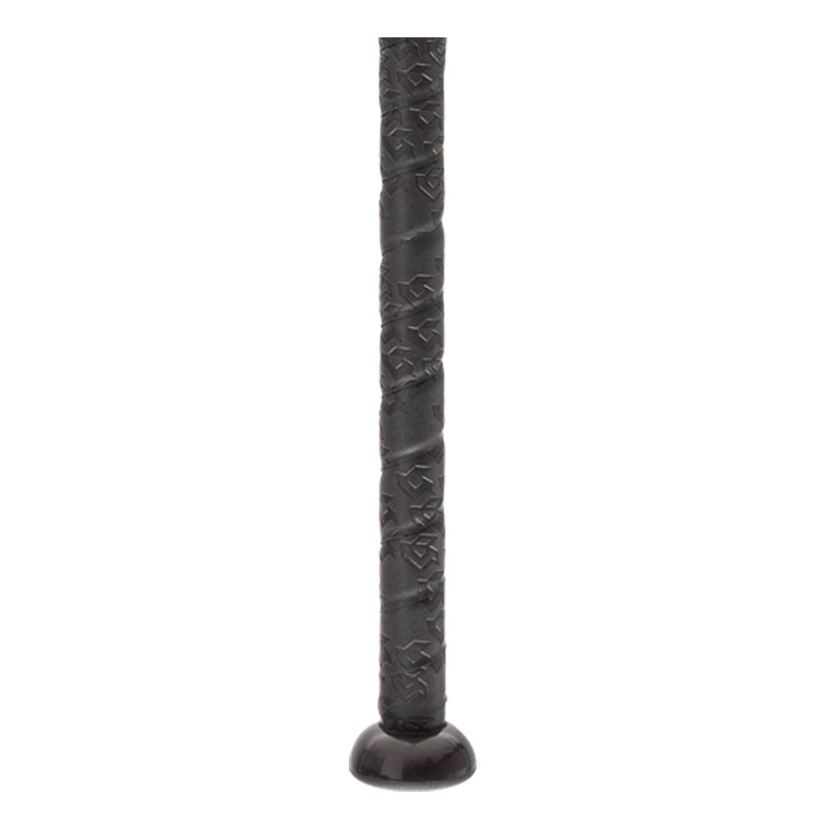 Close-up of a black baseball bat grip with a textured pattern and a rounded knob.