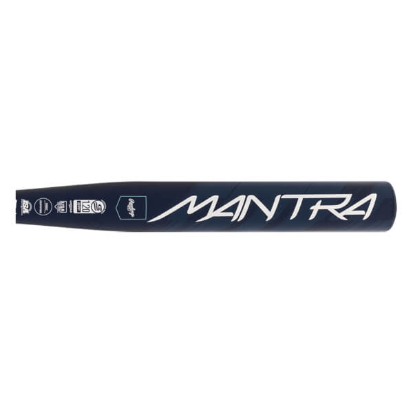 Side view of a navy fastpitch softball bat with white MANTRA script and Rawlings logo.