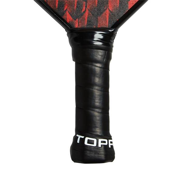 Bottom view of a black pickleball paddle grip with white TOPP text and red/black patterned head.