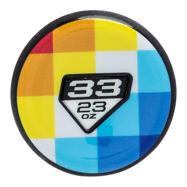 Top-down view of a multi-colored checkered softball bat end cap with a black rim and a 33 23 OZ label.