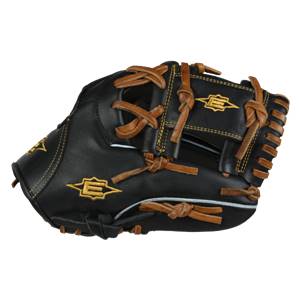 Side view of a black baseball glove with brown lacing and gold Easton logos.