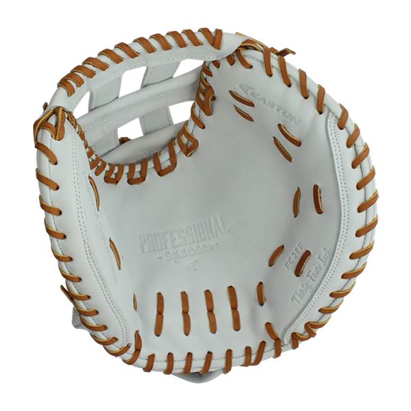 Top-down view of a white catchers mitt with brown lacing, PROFESSIONAL text, and PC21FP detail.