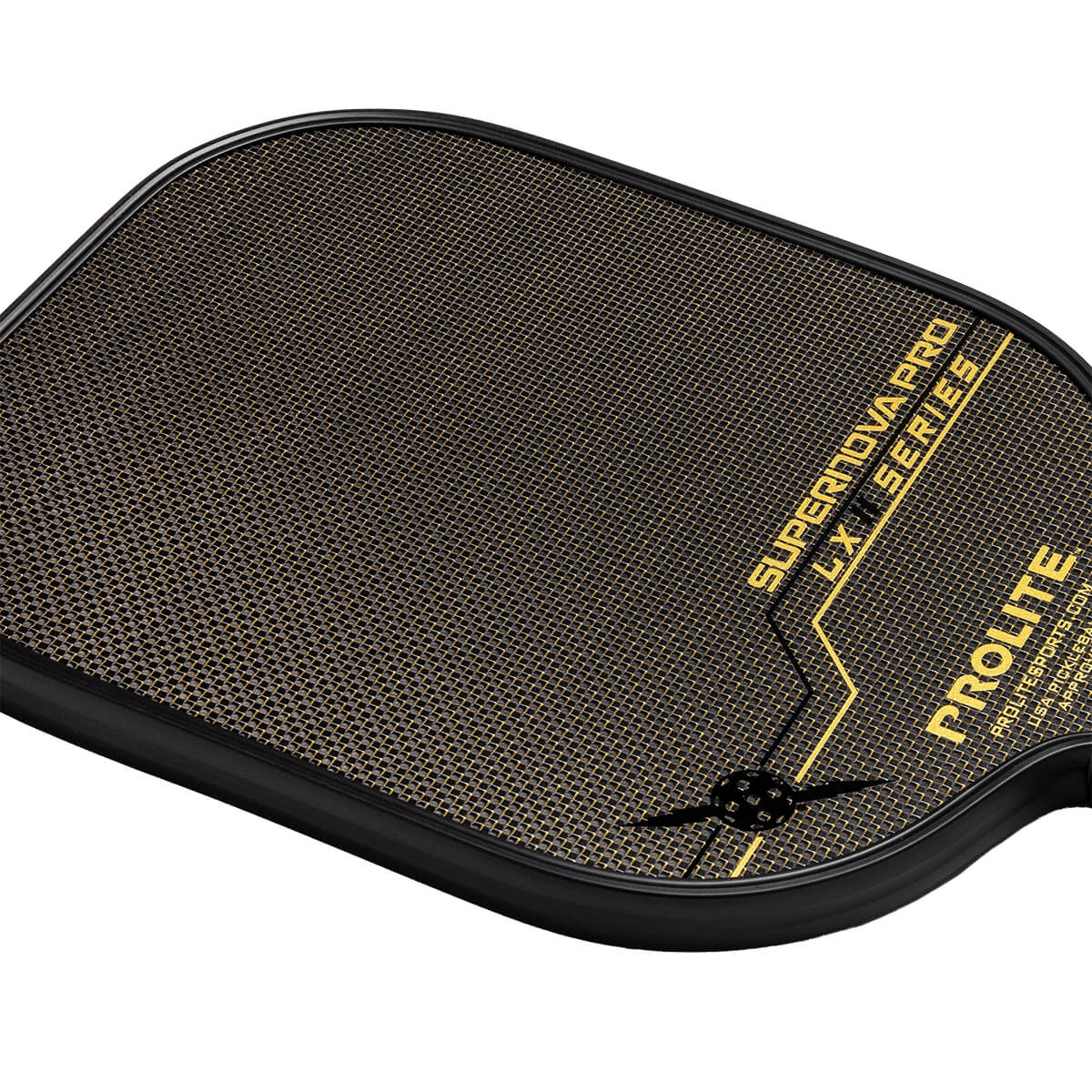 Corner view of a black pickleball paddle with gold PROLITE SUPERNOVA PRO LX SERIES text and textured surface.