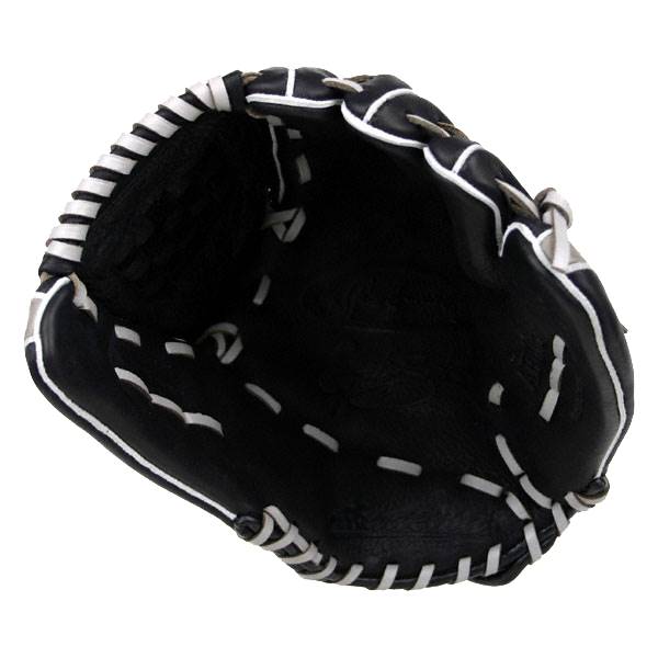 Top-down view of a black baseball glove with white stitching and a black interior.
