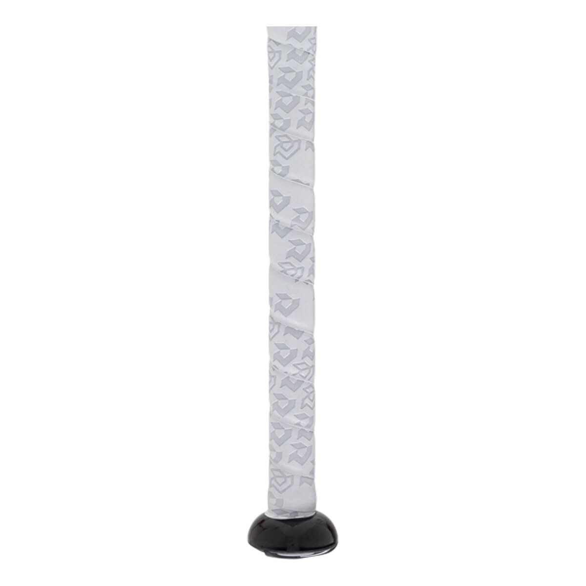 Close-up view of the bat handle featuring light grey grip tape with a repeating dark grey logo pattern and a smooth black knob at the base.