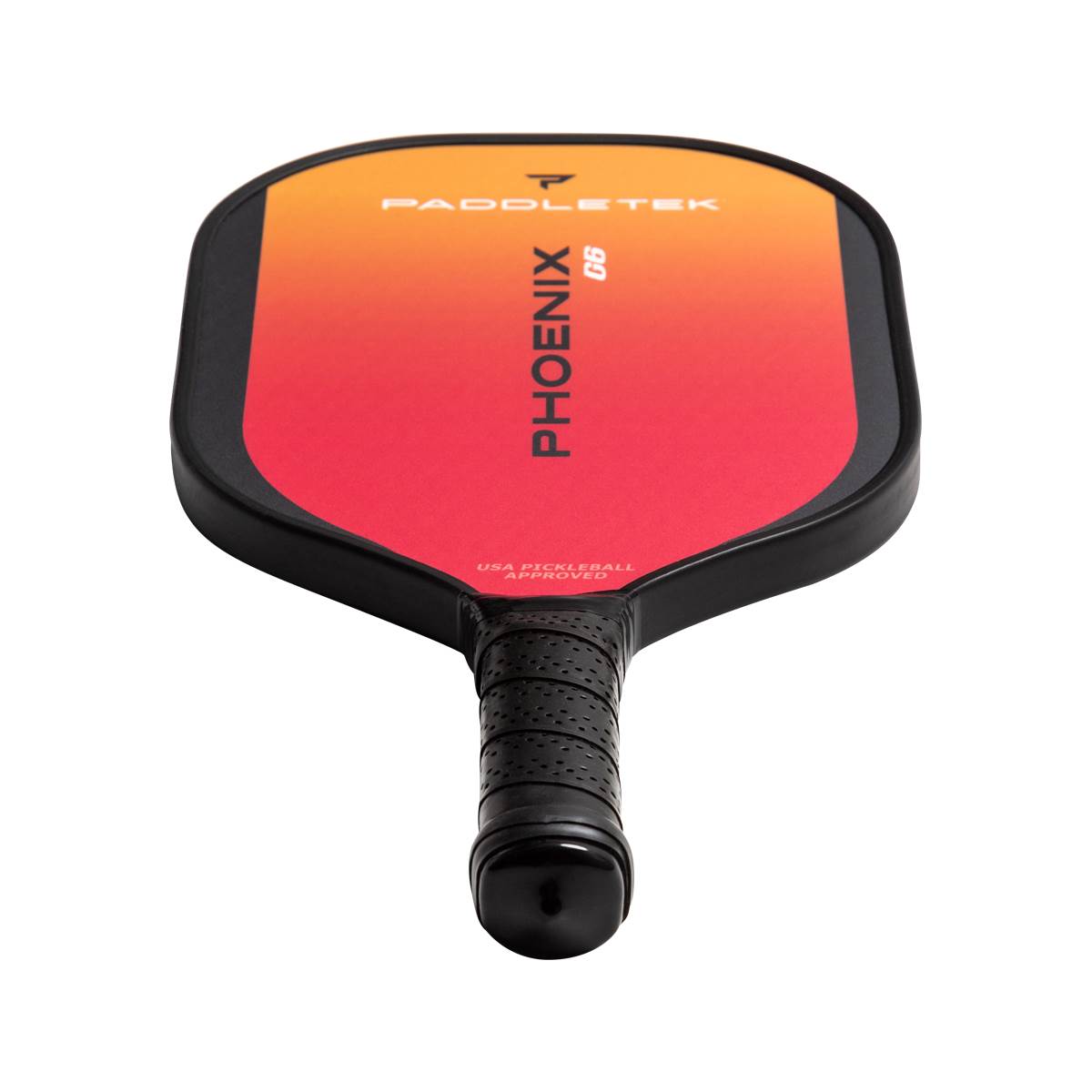 Top-down view of a red and orange pickleball paddle with PADDLETEK and PHOENIX G6 text.