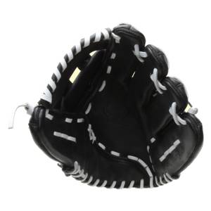Front view of a black baseball glove with white stitching and a webbed palm.
