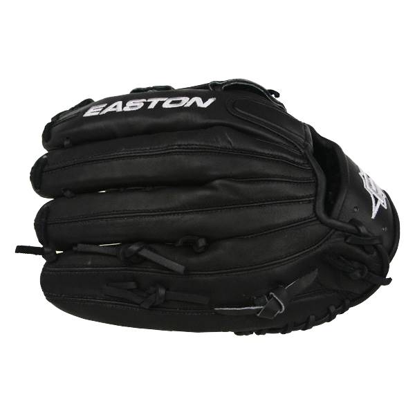 Side view of a black baseball glove with EASTON branding and white star logo.