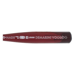 Side view of a maroon DeMarini Voodoo ONE baseball bat with white text and a gradient design.