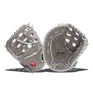 Front view of a gray Rawlings R9 Series first base mitt with white stitching and a red R logo.