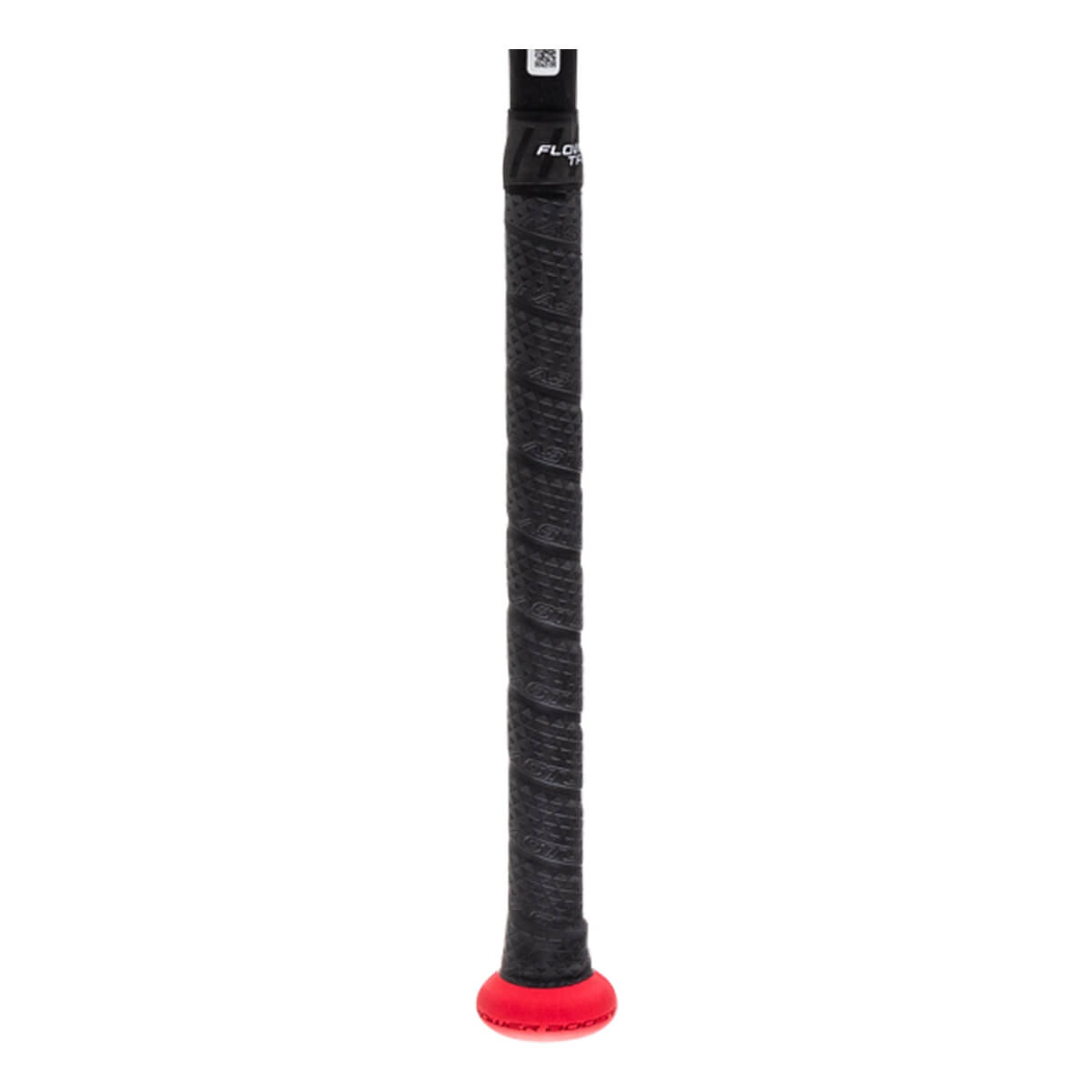 Close-up of a black fastpitch softball bat handle with textured grip, a red knob, and FLO text.
