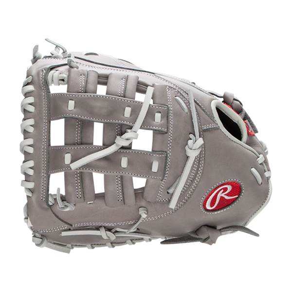 Side view of a gray Rawlings R9 first base mitt with a red R logo and white lacing.